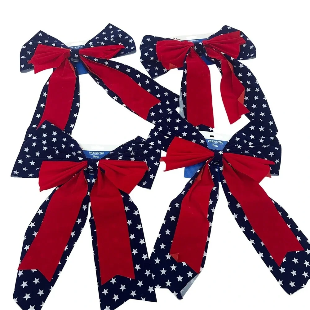 6pc Patriotic Bow and Rosette Set Red White Blue‎ Stars July 4th Americana Decor
